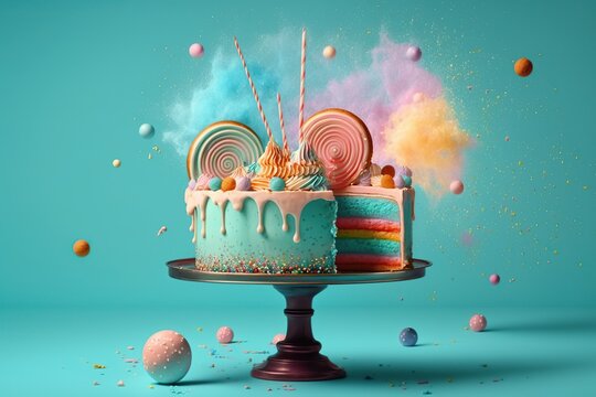 Colorful birthday cake on a stand decorated with multicolored sweets, lollipops, balls on a blue background. Generative AI