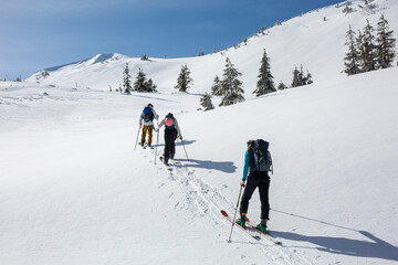 The winter mountains provide a challenging but rewarding climb for this group of skiers, who forge ahead with teamwork