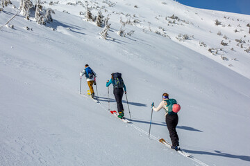 Fototapeta na wymiar Against the snow-covered mountain, a group of skiers begin their ascent, their energy and excitement palpable as they venture into the winter wilderness