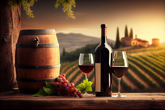 Red wine bottle, wine glass and wodden barrel with Italy Tuscany vineyard background created with AI