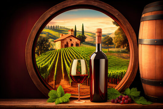 Red wine bottle, wine glass and wodden barrel with Italy Tuscany vineyard background created with AI