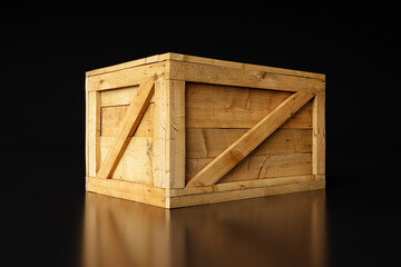 Large closed wooden box isolated on a dark background with reflection. The concept of transportation or delivery. 3d render