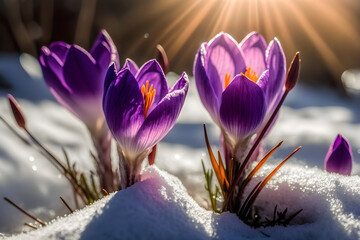 delicate purple crocuses bloom in the snow, the first spring flowers, Generative AI 2