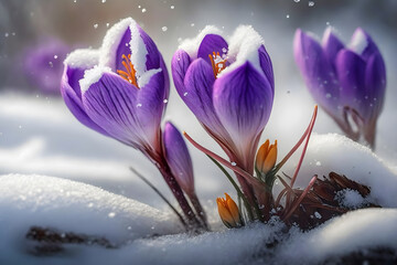 delicate purple crocuses bloom in the snow, the first spring flowers, Generative AI 1