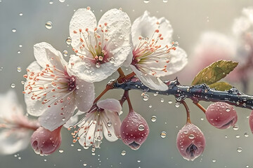 tender pink sakura flowers with raindrops, floral spring background, Generative AI 6