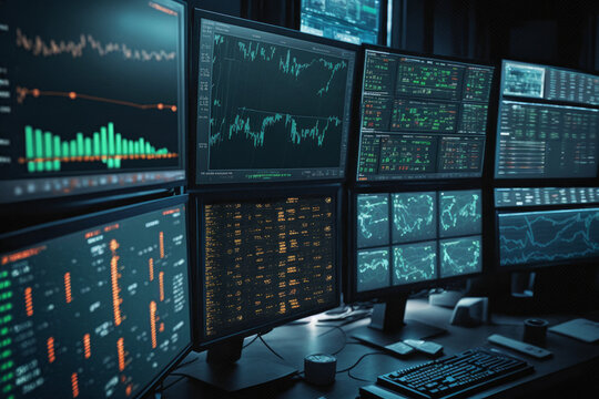 Big control center with business graphs showing key process indicators for finances, stock market and process efficiency, data analysis concept, generative AI