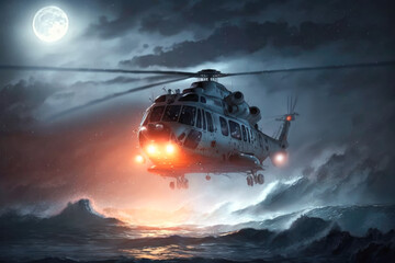 Helicopter at rescue mission at night searching for survivors in stormy sea. AI generative
