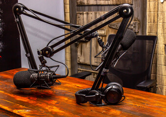 Podcast Equipment Including Mic Stands, Microphones And Headphones