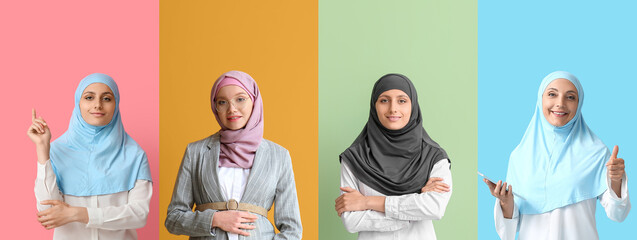 Collage of Muslim businesswomen on color background