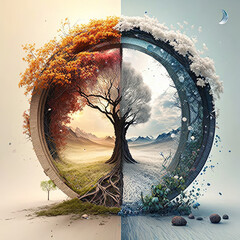 a beautiful and magical portal showing two season transitioning from autumn to winter with a tree stuck in the center, representing seasons changing, global warming and weather changing