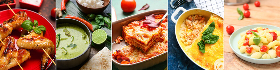Collage of tasty dishes on table, closeup