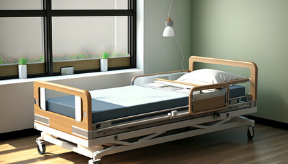 clean empty hospital bed in a light sterile room. created with generative art