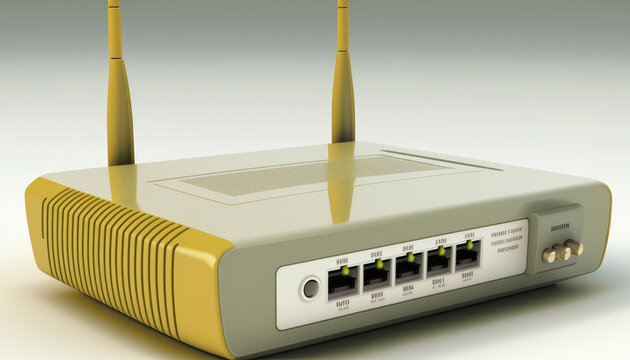 old fashioned double arial network router, with 5 LAN ports and, grey and yellow isolated on a white background, air vents on the side. generated with ai tools