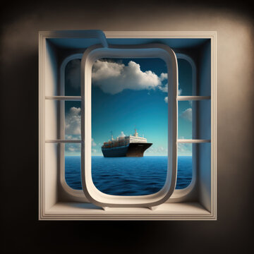 a view of a cruise liner through the window, a beautiful summer day with calm sea, created with generative ai tools