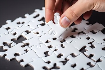 Hand put the last piece of white jigsaw puzzle to complete the mission - Generative AI