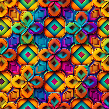 Seamless colorful pattern with circles and squares, with abstract flowers, ai generated geometric background