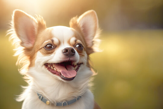 Chihuahua are a small breed of dog known for their energetic and playful nature, smiling portrait in park. AI generative