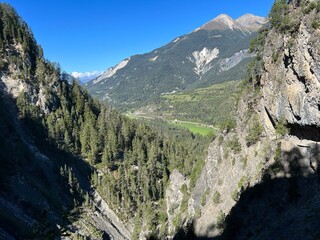 View towards the picturesque valley of the river Albula or Alvra from the canyon of the alpine stream Schaftobelbach, Alvaneu Bad (Alvagni Bogn) - Canton of Grisons, Switzerland (Schweiz)