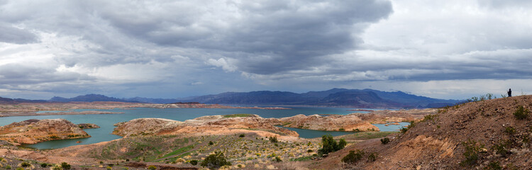 Fototapeta na wymiar Lake Mead with record water level and storm cloud. Shot in March 2023