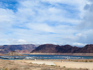 Lake Mead with record water level and storm cloud. Shot in March 2023