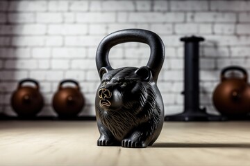 An unusual weight in the shape of a bear's head in the gym. Weightlifting.