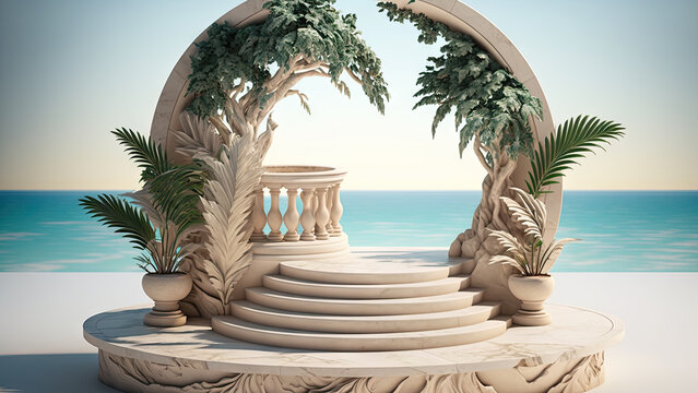 Marble podium for product display and presentation. Summer beach mockup with white sand, palm trees and ocean background - Generative AI