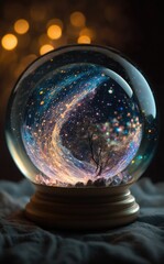 Abstract galaxy inside a crystal ball. Generative AI.