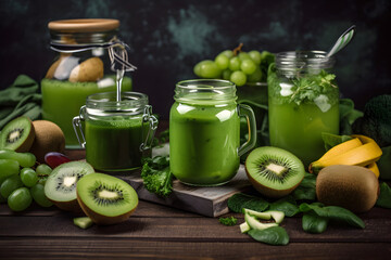 Glass jar mugs with green health smoothie, kale leaves, lime, apple, kiwi, grapes, banana, avocado, lettuce. Raw, vegan, vegetarian, alkaline food concept. AI generated