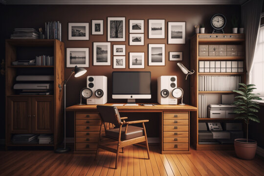 A brown home office with wooden flooring, a white desk, a computer, a bookcase, and blank photo-covered walls in the interior. AI Art