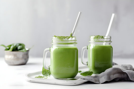 Glass jar mugs with green health smoothie, kale leaves, lime, apple, kiwi, grapes, banana, avocado, lettuce. Raw, vegan, vegetarian, alkaline food concept. AI generated