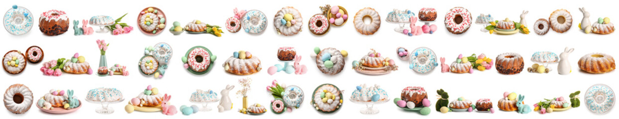 Set of tasty Easter cakes and painted eggs on white background