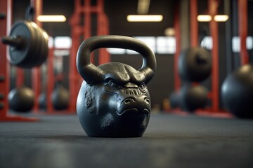 Naklejka na ściany i meble An unusual weight in the shape of a bull's head in the gym. Weightlifting.