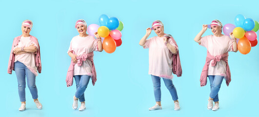 Obraz premium Collage of stylish elderly woman on blue background