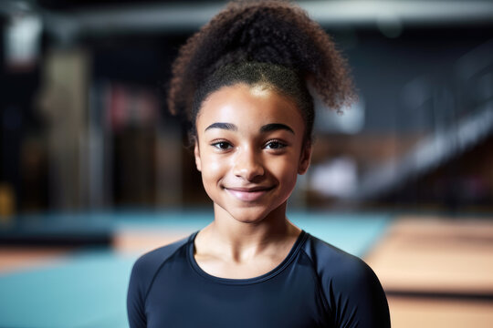 Female athlete gymnastics smiling at camera in the gym