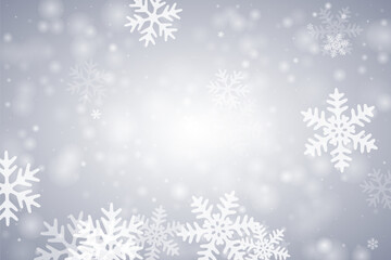 Naklejka na ściany i meble Beautiful flying snowflakes pattern. Snowstorm dust ice particles. Snowfall weather white gray illustration. Blurred snowflakes january theme. Snow nature landscape.