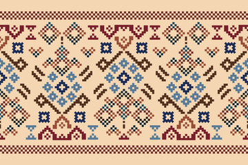 Ethnic geometric fabric pattern Cross Stitch.Ikat embroidery Ethnic oriental Pixel pattern brown cream background. Abstract,vector,illustration.For texture,clothing,wrapping,decoration,carpet.