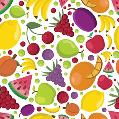 fruits, seamless pattern.apple, grape, peach, lemon, pear, plum, orange, cherry, banana, watermelon. healthy food, fruits, berries, simple cartoon flat vector pattern.