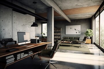Fototapeta na wymiar Empty office with Original concrete ceiling, Generative AI