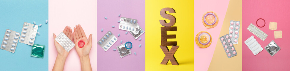 Group of different contraceptive means on color background.