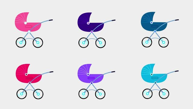 Cartoon color baby buggies isolated alpha channel loop. Turning wheels. Baby boom. Business cartoon animations serie.