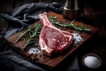 Rohes Steak aus Rindfleisch zum Grillen mit Gewürzen und weiteren Zutaten  - obrazy, fototapety, plakaty