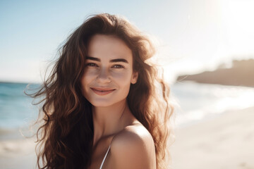 Naklejka premium Portrait of a young woman on the beach created with AI