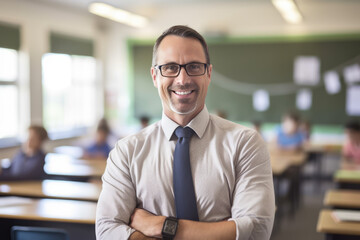 Portrait of smiling school teacher in classroom