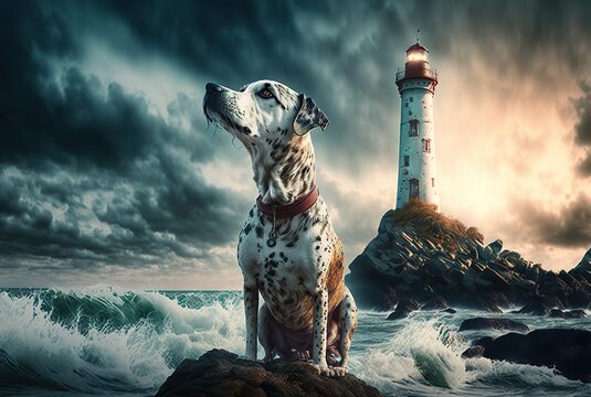 Dalmatiner Hund vor einem Leuchtturm am st&uuml;rmischen Meer. Wellen peitschen an der See.