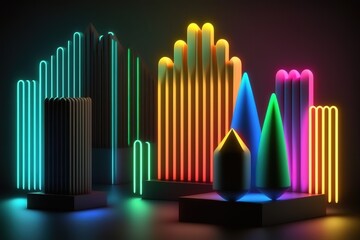 neon light shapes on black background, Generative AI