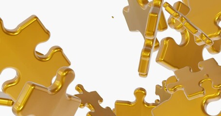 The background consists of puzzle elements. A lot of gold puzzle elements on a white background. Seamless looping 4K video