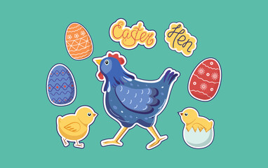Cartoon Chicken, hen, Easter Eggs. Lettering. Set Stickers. Vector flat illustration. Easter. Background isolated.
