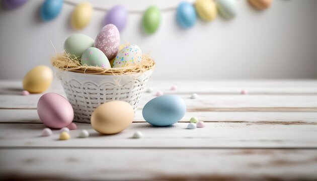 Background of colorful easter eggs in basket. Wallpaper illustration. Front view with copy space for text information or content. Concept of Happy Easter, festive greeting card. Generative AI.