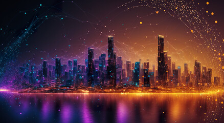 Fototapeta premium Illustration einer Stadt und ihre technische Vernetzung. IOT Datenübertragung über Satelliten oder Funkwellen. Generativ KI