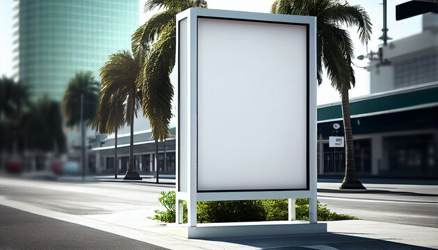 Blank white mock up of vertical light box in a bus stop
